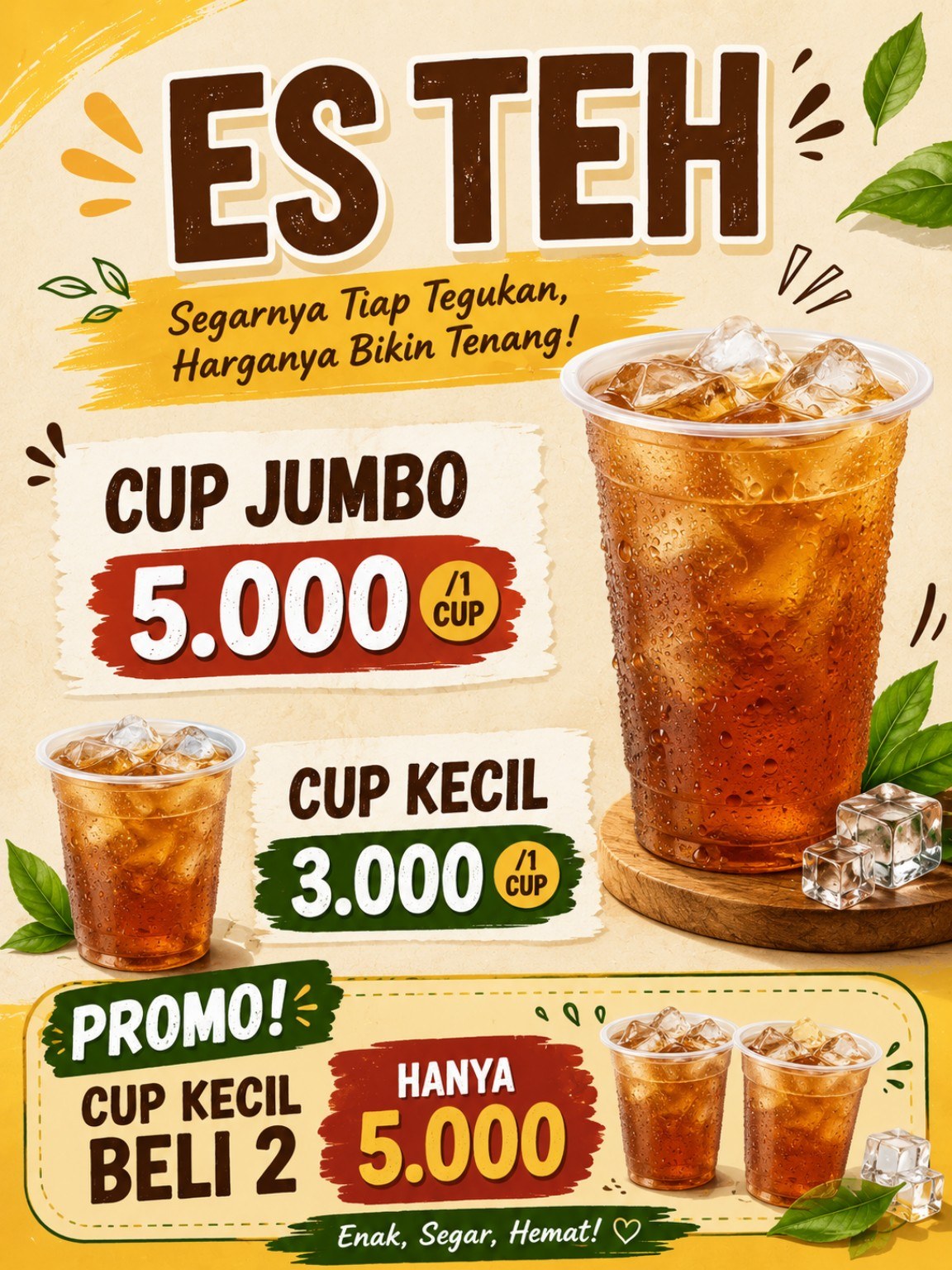 Poster promo Es Teh Tian Cell, cup kecil Rp3.000 dan promo beli 2 hanya Rp5.000